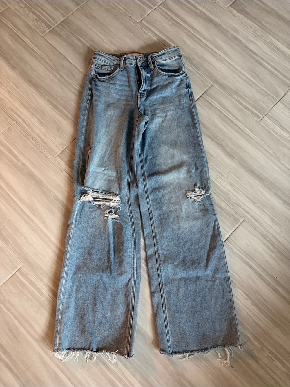 Flying Monkey Wide Leg Distressed Jeans - Light Blue